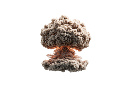 A dramatic, close-up explosion, depicted as a mushroom cloud of tan and light brown smoke, rising from a fiery core
