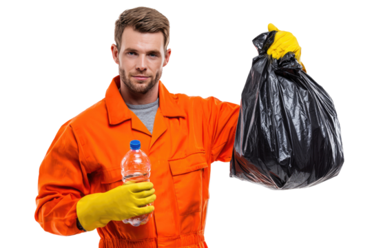 A sanitation worker in an orange jumpsuit holds a garbage bag in one hand and a water bottle in the other, symbolizing waste management and environmental care against a white backg