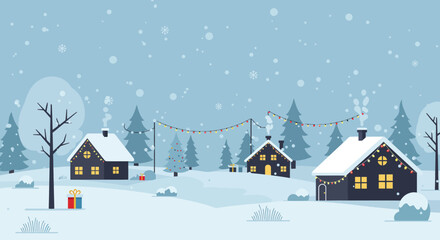 This Flat Design vector illustration presents a serene winter landscape featuring minimalist houses beautifully decorated with Christmas lights