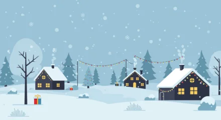 Fotobehang Pool This Flat Design vector illustration presents a serene winter landscape featuring minimalist houses beautifully decorated with Christmas lights  © Aries