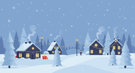 This Flat Design vector illustration presents a serene winter landscape featuring minimalist houses beautifully decorated with Christmas lights