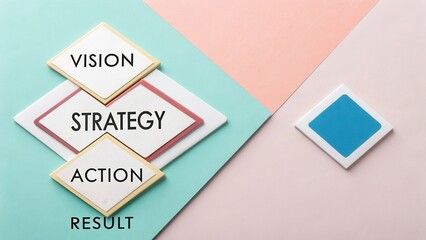 Colorful geometric shapes with text illustrating vision, strategy, action, and result in a flat lay composition