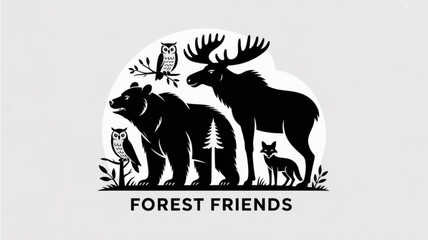 Obraz premium Forest animals illustration featuring bear moose owl and fox wildlife vector design nature scene black and white art