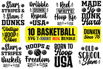 Fototapeta premium Collection of ten basketball themed svg designs for t-shirts and mugs with various quotes