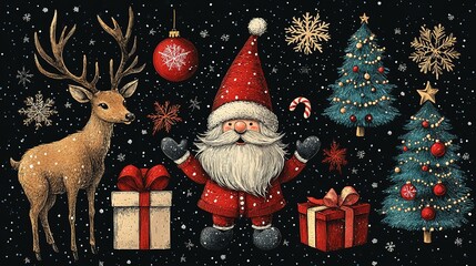 Christmas card graphic elements set: Santa Claus, reindeer, Christmas trees, snowflakes, stylized gift boxes on black background