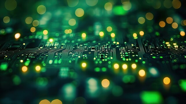 Close - up of a Circuit Board with Green and Yellow Bokeh Lights