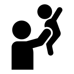 親が子どもを高く持ち上げて遊ぶシルエットイラスト｜育児・親子の絆・サポートを表すフラットアイコン素材