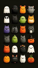 Cute Halloween-themed characters in a colorful arrangement on a dark background showcasing festive spirit