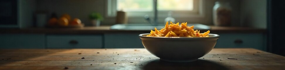 Empty bowl, untouched food, gloomy light, messy kitchen, reflecting feelings of hopelessness and lack of appetite associated with depression , wellbeing, health, unappetizing