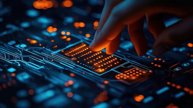 Close - up of Hand Touching Illuminated Circuit Board with Digital Elements