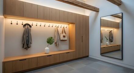 Contemporary hallway with light wood built in storage, a large mirror, and subtle lighting. Neutral color palette and clean lines create a calming atmosphere.