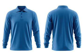 Full view of a royal blue long-sleeved polo shirt, front and back