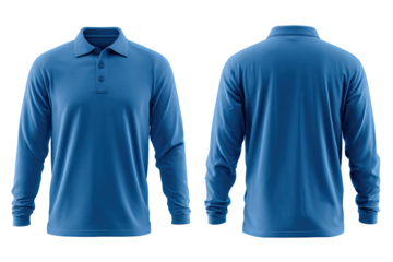 Full view of a royal blue long-sleeved polo shirt, front and back
