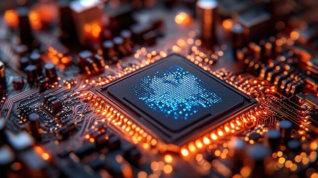Close - up of a Glowing CPU Chip on a Circuit Board