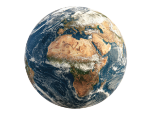 High-angle, detailed view of Earth, centered on Africa.  Continents, oceans, clouds, and landmasses are clearly visible.  A realistic depiction of the planet's surface features