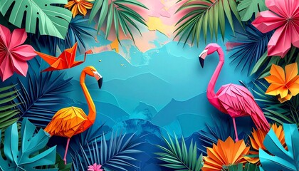 Origami tropical flamingo summer background