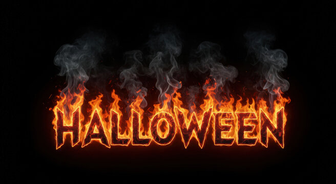 The word "HALLOWEEN" burning with smoke.