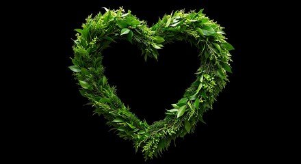 Fototapeta premium Heart-shaped wreath crafted from lush green foliage and delicate pine branches on a black background