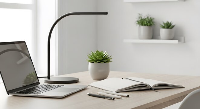 A clean, minimalist workspace featuring a silver laptop, black desk lamp, succulents in white pots, and an open notebook on a light wood desk. Bright, natural light. 