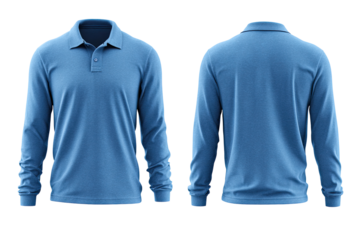 Front and back view of a light blue long-sleeve polo shirt