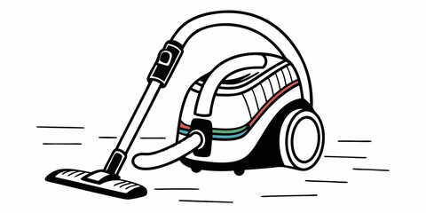 Illustration of a canister vacuum cleaner with a hose and cleaning head on a white background