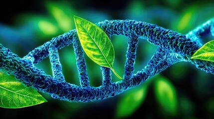 Tech-inspired plant growth illustration concept. Colorful DNA strand intertwined with green leaves and vibrant nature.
