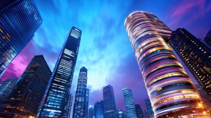 Vibrant Cityscape at Twilight with Modern Skyscrapers and Clouds