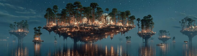 Fototapeta premium Tech-inspired plant growth illustration concept. Surreal floating islands adorned with lush trees and lights.