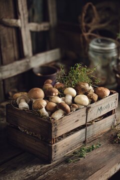 Rustic wooden crate filled with fresh edible mushrooms in cozy kitchen setting
