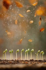 Young green sprouts growing amidst falling autumn leaves in a misty garden