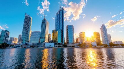 Fototapeta premium Vibrant City Skyline at Sunset Over Calm River Water Reflection