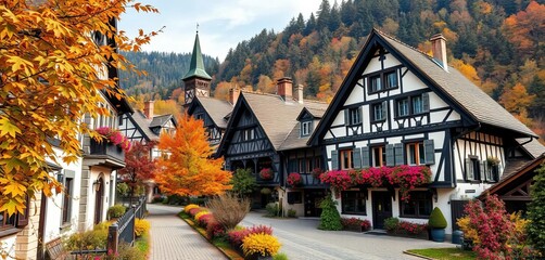 Bavarian village scene, autumn foliage, traditional architecture, festival, design