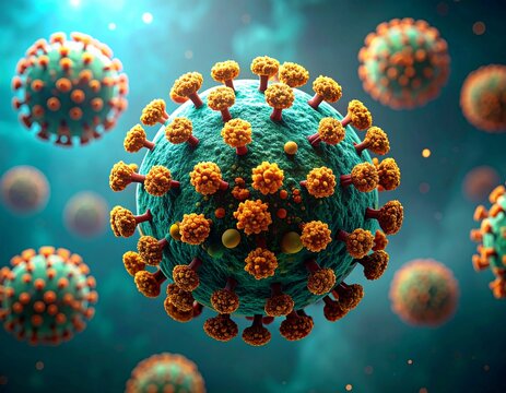 3D hepatitis B virus (HBV) particles &mdash; hepatotropic virus on clean medical background.