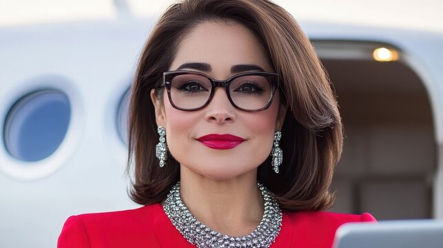 Confident Businesswoman in Stylish Outfit with Modern Technology