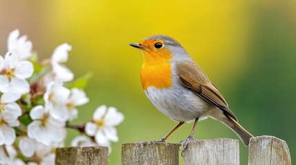 Fototapeta premium Close-up of a Colorful Bird Perched on a Wooden Fence with Flowers