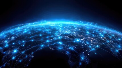 Background image displaying 5G global network technology concept. A digital globe showcasing interconnected networks and data.