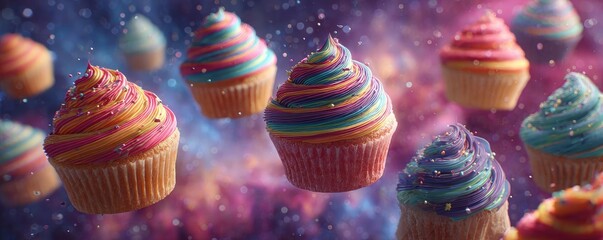 Happy birthday themed sweet cupcakes concept. Colorful floating cupcakes in a starry cosmic backdrop.