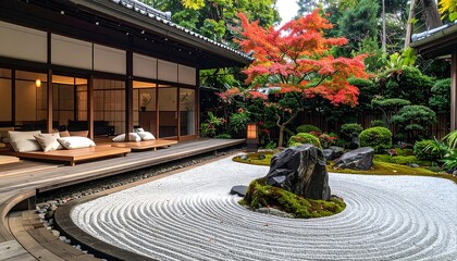 Serene zen garden with raked sand, rocks, and a red maple tree by a traditional building