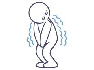 かがんだ姿勢で汗をかいて震えている人のイラスト