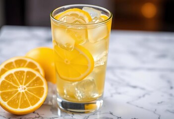 Glass of bright yellow iced tea with lemon slices and ice cubes,  thirst,   citrus drink
