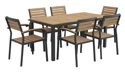 Modern outdoor dining set with a light wood tabletop and gray plastic chairs
