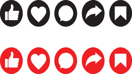 social media, icons, like, heart, comment, share, save, thumbs up, feedback, engagement, interaction, communication, digital, online, black, red, white background, isolated, vector, graphic, set, coll