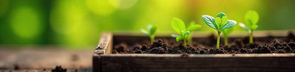 Close-up of vibrant green seedlings sprouting from rich soil in a rustic wooden planter box, sunlight illuminating healthy growth , countryside, green