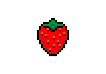 Fototapeta premium Pixel art strawberry with green leaves, bright red fruit design in retro digital style, simple and colorful illustration on a white background. 