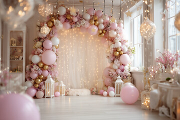 backdrop composition, white background with pink and golden balloon arch garland