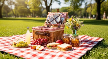 Summer Picnic Basket: Idyllic Park Scene with Sandwiches and Fruit