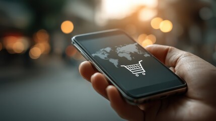 A hand holds a smartphone displaying a shopping cart icon over a world map, symbolizing global online shopping or e-commerce.