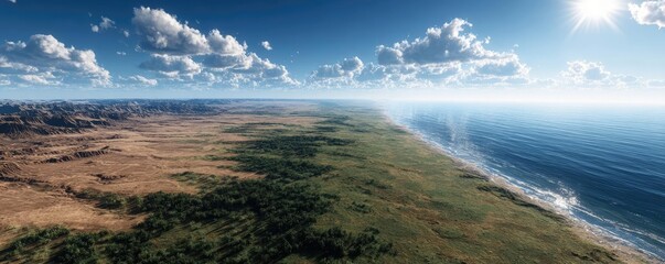 Barren dry landscape beside lush green field concept. Aerial view of a stunning coastal landscape with lush greenery.