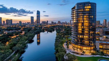 Naklejka premium Modern high rise building, urban skyline, river view, twilight ambiance, city lights