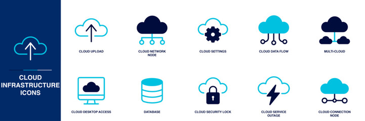 Cloud Infrastructure Blue Colored Outline Icon Set